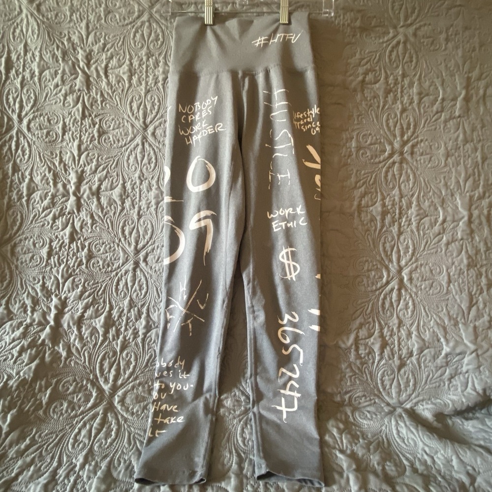HTFU Graffiti Leggings Women's Size S Small Active Gym Grey Pants Athletic Yoga